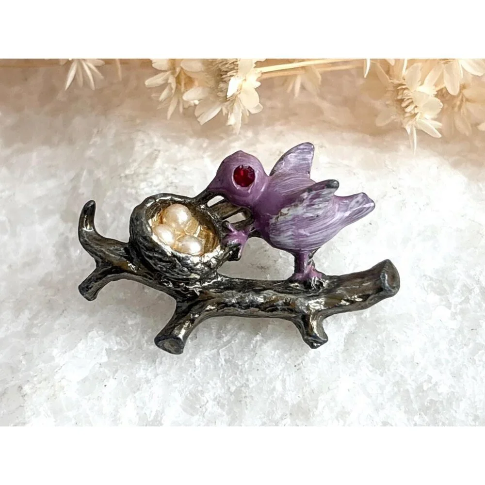 Lavender Perched Bird Figural on Branch with Eggs Costume Jewelry Brooch